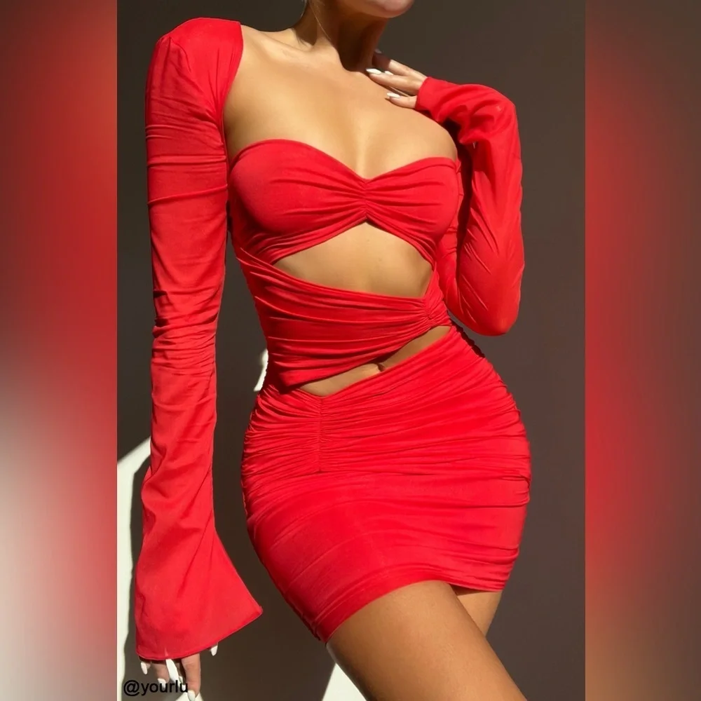 house of cb red ruched dress House of CB | Dresses | House Of Cb Camille Scarlet Red Mulberry Silk Blend  Cutout Ruched Dress